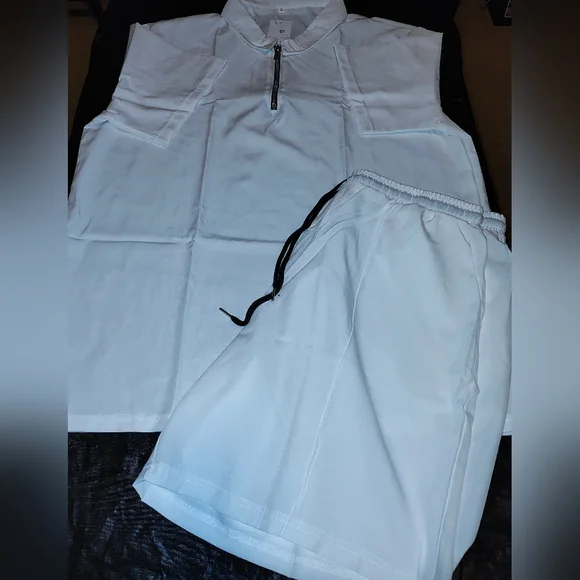 Men's White Quarter Zip Up 2 Piece Shorts Set - Picture 2 of 4
